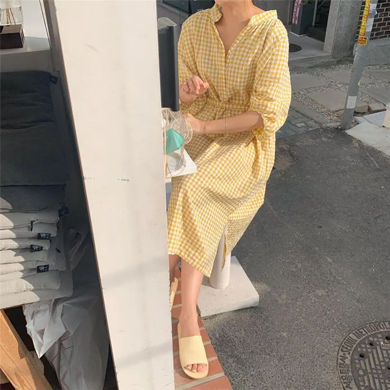 Alien Kitty Chic Summer Plaid Lazy Style Casual Sweet Sunscreen High Quality Lace Up Loose Short Sleeve All-Match Yellow Dress | Женская