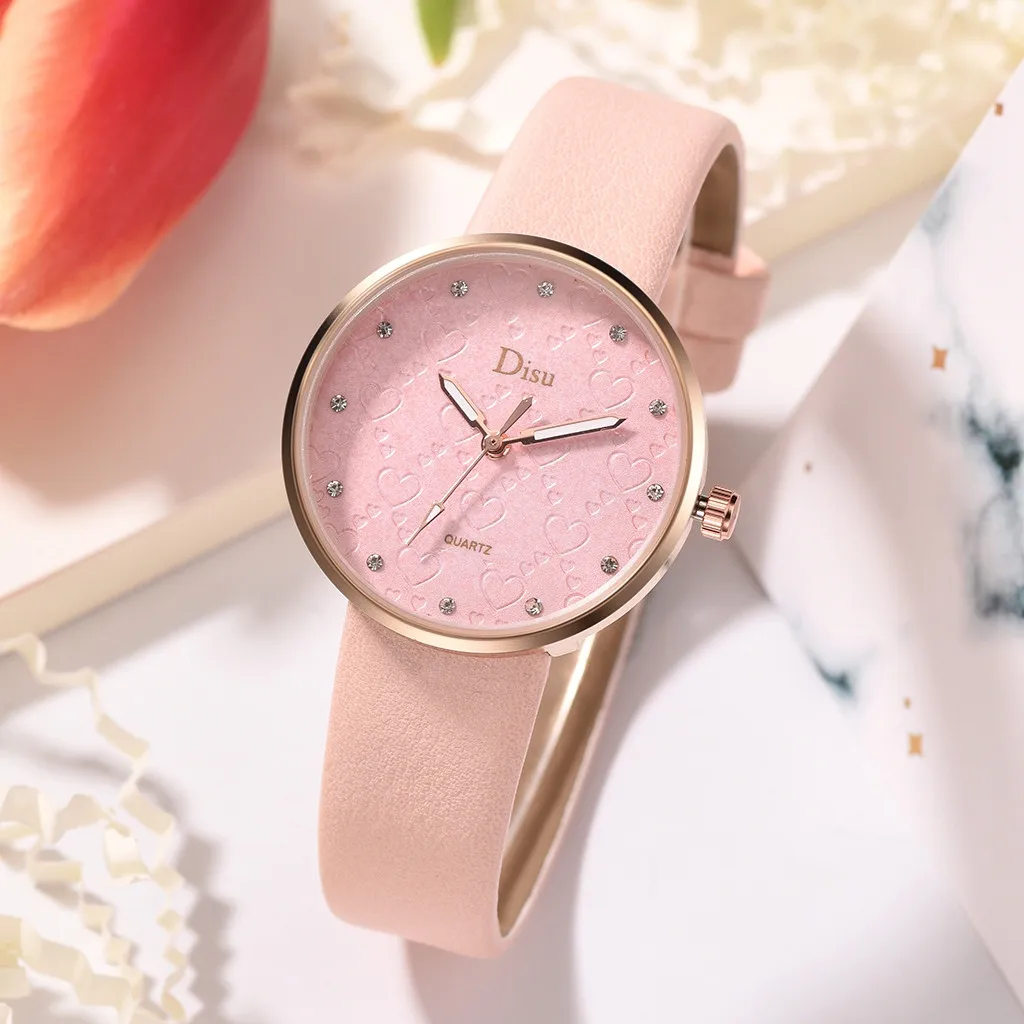 Disu Fashion Top Brand Lady Watch Frosted Dial Heart Shape Pattern Leather Belt Women Clock Quartz Wrist Watches orologio donna | Наручные