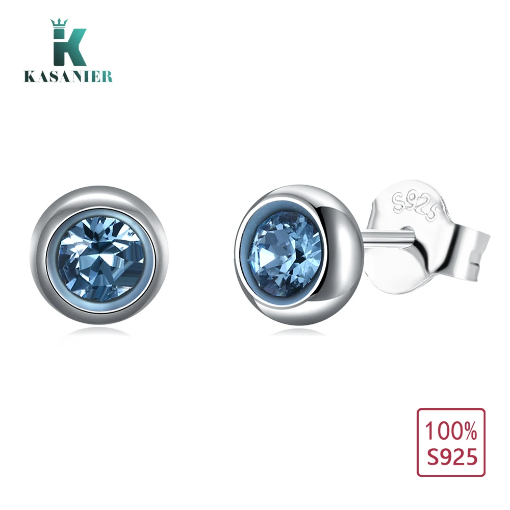 KASANIER Мода 100% 925 пробы серебряные серьги гвоздики круглой формы синий кубический
