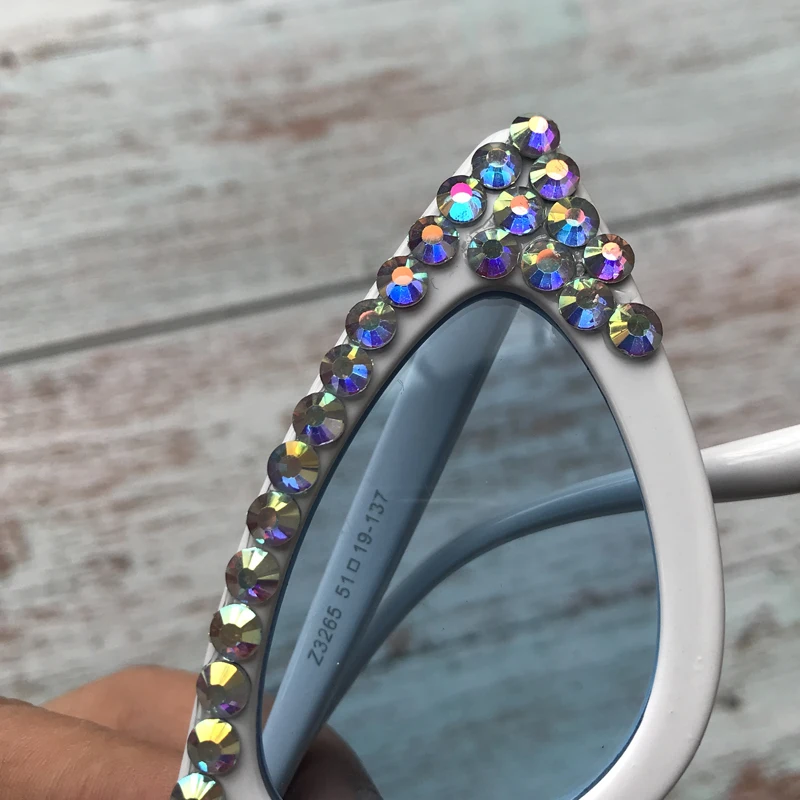 Diamond Cat Eye Womens Sunglasses White Frame Bule Lens Crystal Eyewear Female Vintage Eyeglasses UV400 | Аксессуары для одежды