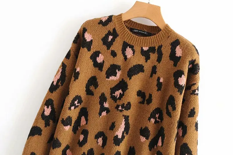 women fashion vintage leopard printing knitting casual sweater ladies o neck basic femme autumn pullovers chic tops S029 | Женская