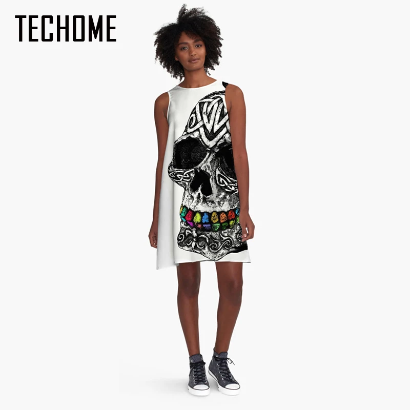Женское винтажное платье трапеция с 3D принтом черепа свободное трикотажное