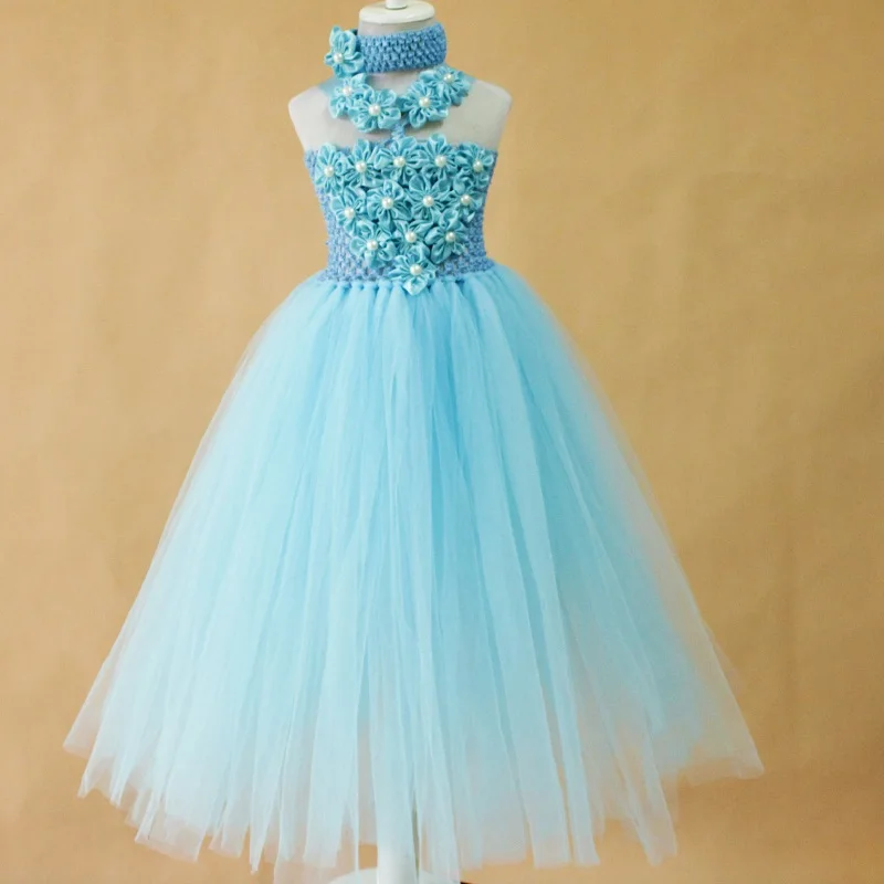 New light blue flower dress for girl summer kids dresses girls handmade 2layer fluffy petti tutus newborn photo props wear | Детская