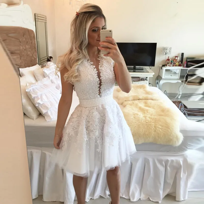Vestidos De Coctel белые кружевные коктейльные платья 2016 роскошные с круглым вырезом и