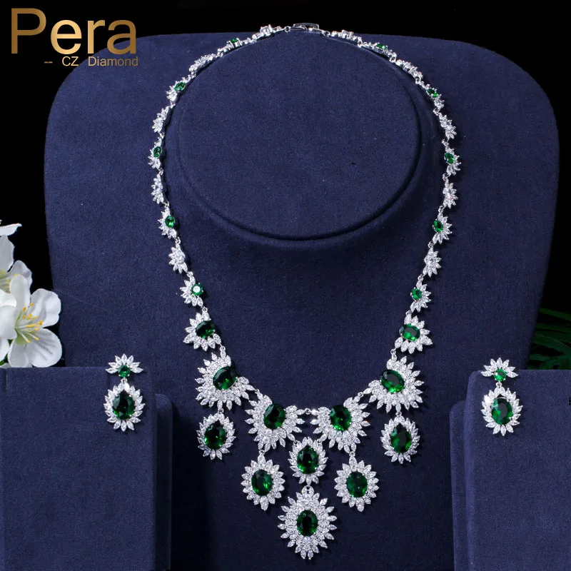 Pera Классический женский большой массивный зеленый фианит длинная водяная капля кулон ожерелье и серьги Свадебные ювелирные изделия J057