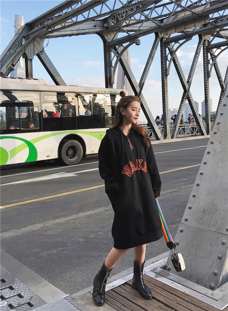 L-3XL New Fall Winter Women Letter Print Loose hoodies Dress Girl streetwear Trend Fashion Long Style Pullovers Sweatshirts