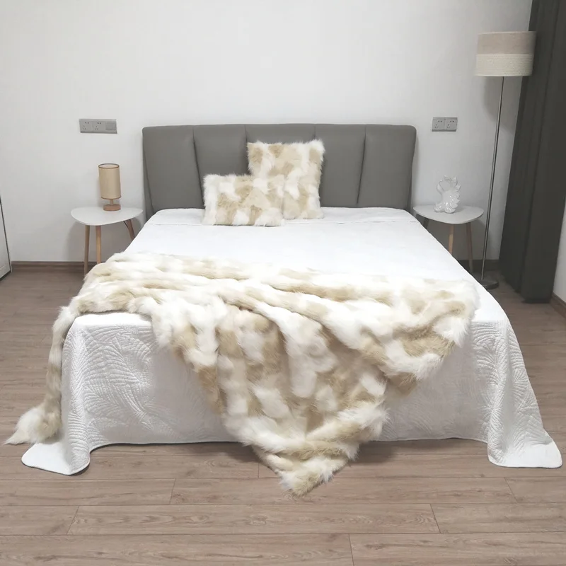 American style big size beige white feather faux fur bed blanket, sofa cover, pet blankets ,artificial fox fur blanket