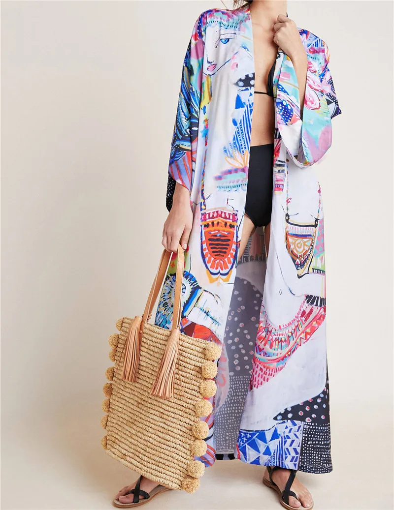 Зеленый богемный разноцветный принт размера плюс женская летняя пляжная одежда длинное кимоно кардиган пляжный Топ блузка рубашка парео N700