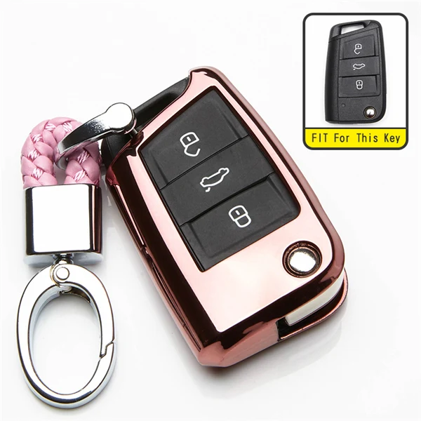 KUKAKEY ТПУ чехол для ключей для Skoda Octavia combi превосходные A7 дистанционный ключ для автомобиля в виде ракушки сумка защиты стайлинга автомобилей авто аксессуары - Название цвета: Pink With Keyring