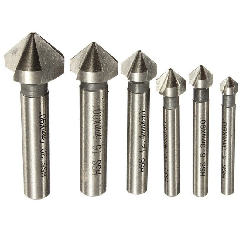 

90 Degree 3 Flute HSS Chamfering End Mill Cutter Bit Countersink drill bit Set for metal woodworking drilling Pack of 6