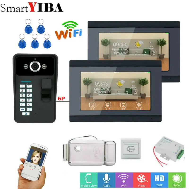 SmartYIBA 2*7 ''проводной Wi-Fi отпечатков пальцев RFID пароль видео телефон двери дверной звонок Домофон Система с дверным замком источник питания