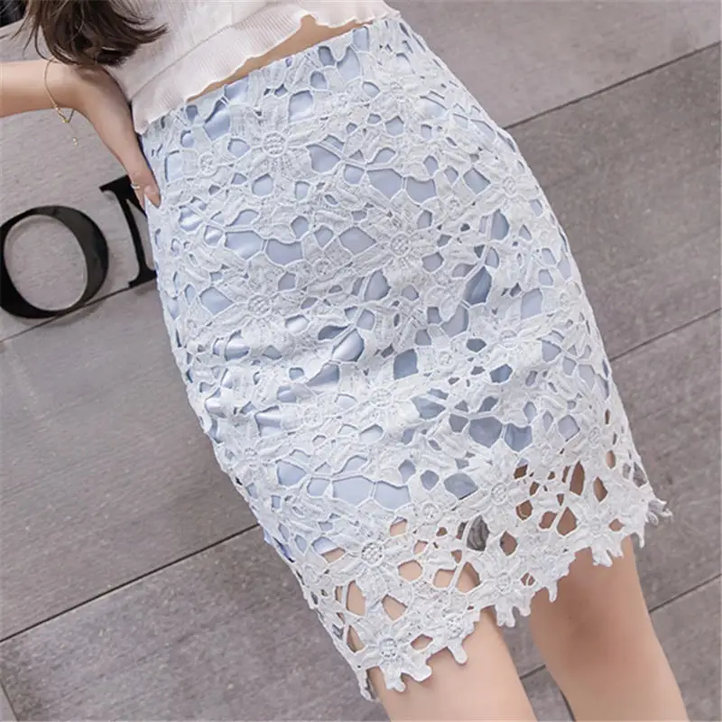 Light Blue Elegant Lace Pencil Skirts Hollow Out Pink White Black Bandage Short Skirt For Women Spring Summer Work Wear High Waist Skirts - Цвет: Light Blue