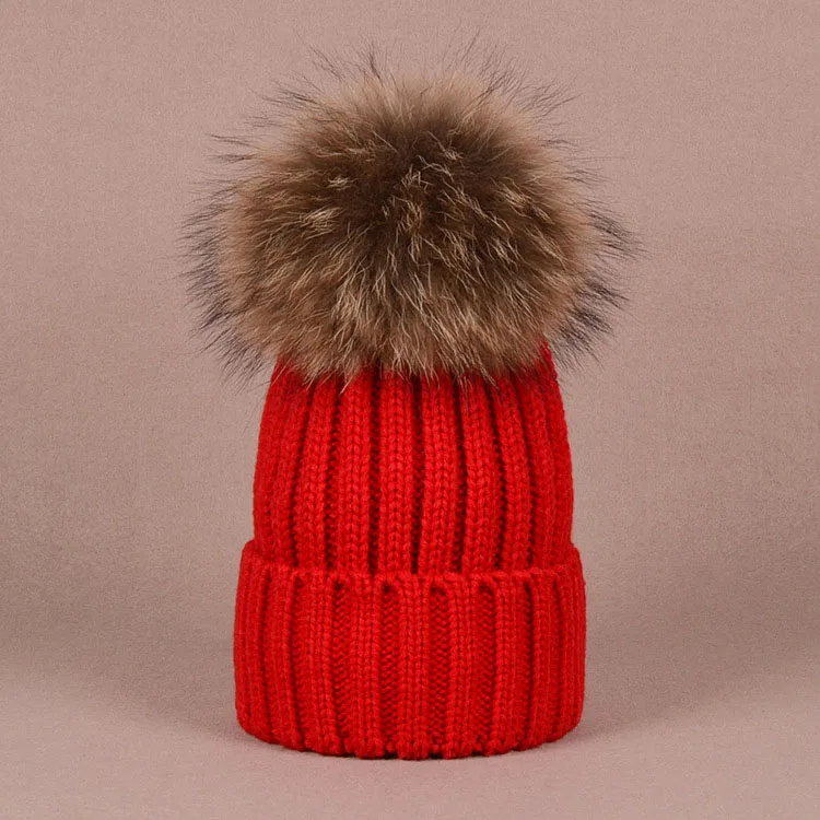Doitbest Beanies для родителей и ребенка, Женский енот, настоящий помпон из лисьего меха, зимние шапки для взрослых, женские шерстяные шапки, бренд, женский головной убор из плотной ткани