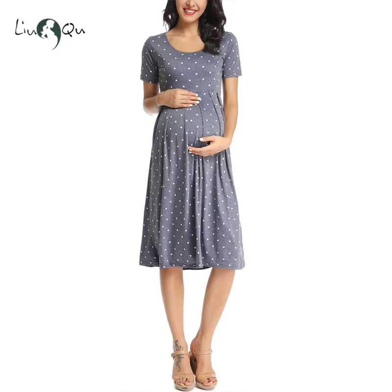 

Women Summer Pleated Polka Dot Loose Swing Casual Midi Maternity Dress Pregnancy Dress Short Sleeve Knee Length Pregnant Clothes