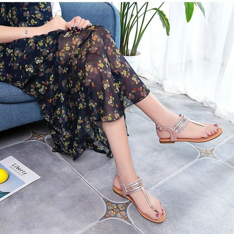 2018 Для женщин плоские сандалии на каблуке в богемном стиле ботильоны со стразами