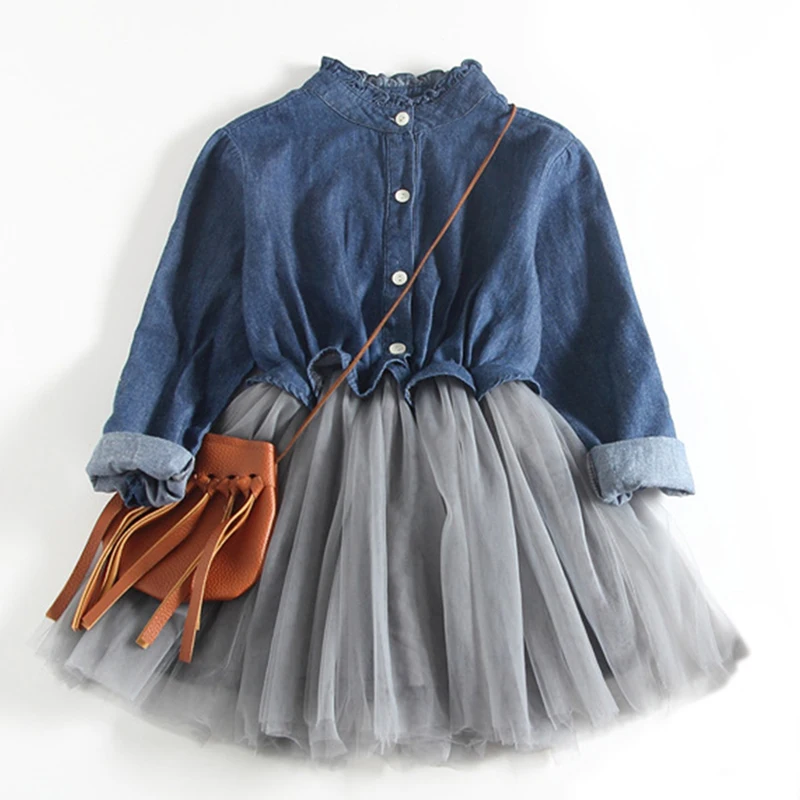 Children Girls Clothing Baby Denim Ruched Long Sleeve T-Shirt Tops Blouse Solid O-Neck Cute Dress | Детская одежда и обувь
