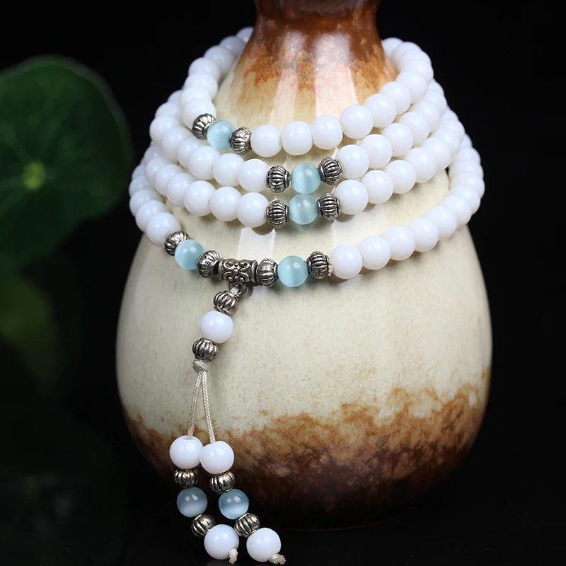 Модный 6 мм белый халцедон из бисера тибетский буддийский камень 108 молитвенные