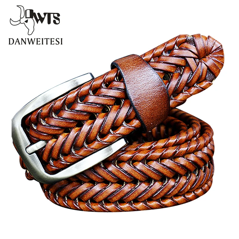 Мужской широкий ремень из натуральной кожи [DWTS] коричневый Плетеный коровьей