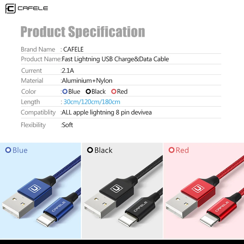 USB кабель CAFELE для быстрой зарядки 2 1 А iphone XR XS Max X 8 Plus 7 6 6s 5 портативный провод