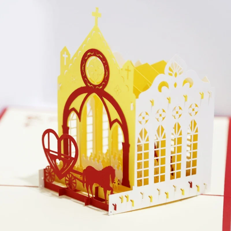 Горячее предложение 3D церкви Pop Up поздравительная открытка любовь Романтический