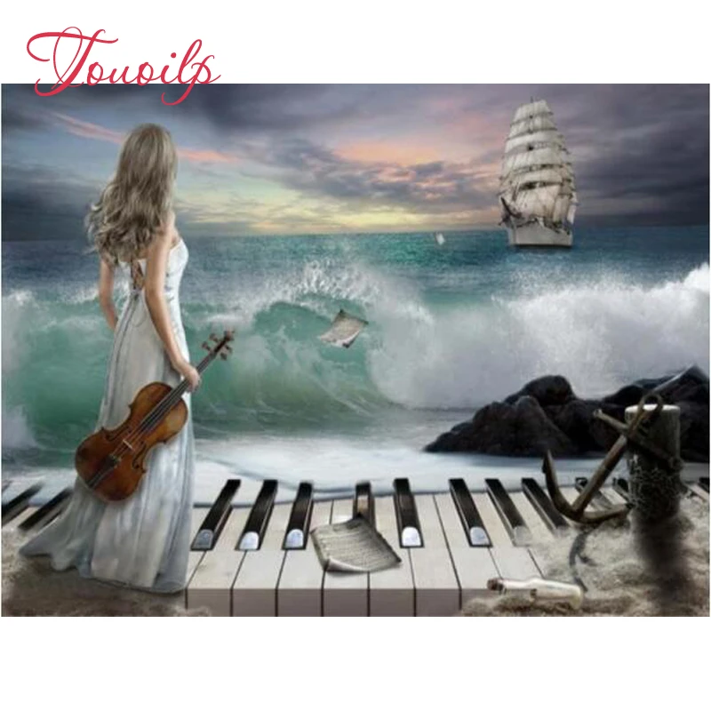 

5D spuare&round Diamond mosaic diamond embroidery blue Sea piaino and beauty women embroidered Cross Stitch Home decoration Gift