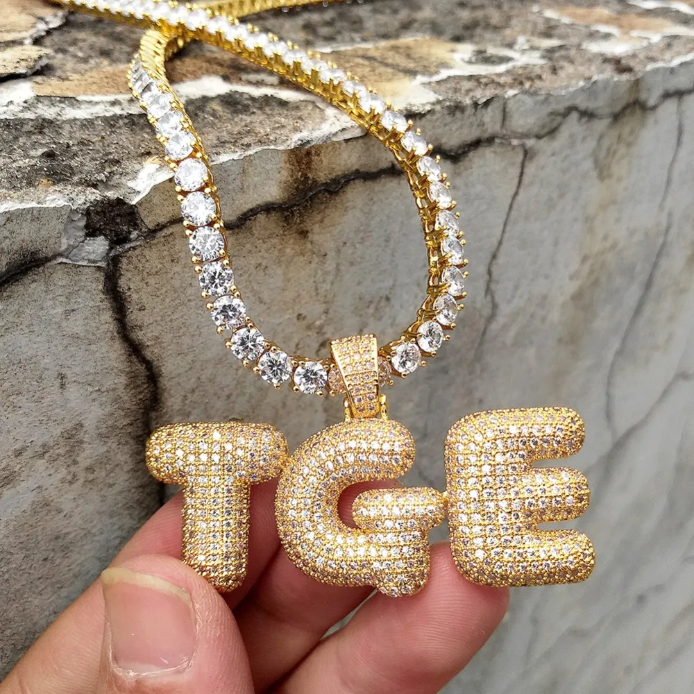 TOPGRILLZ хип хоп мужские ювелирные изделия A-Z Micropave Циркон пользовательское имя Пузырьковые буквы льдом кулон ожерелье с теннисная цепочка DIY