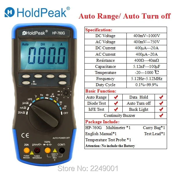 

Multimetro HoldPeak HP-760G Auto Range Multimetro Digital Multimeter with Auto Turn Off and Carry Bag