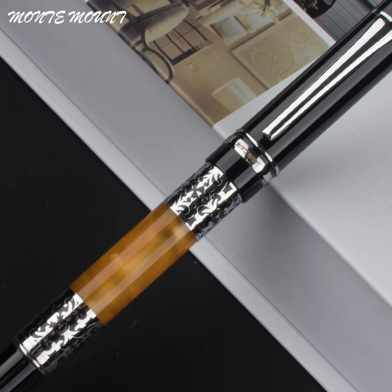 

Luxury Writing Pens Black-Orange BOOKWORM 675 Silver Flower Amber Celluloid Fountain Pen Office and School Supplies