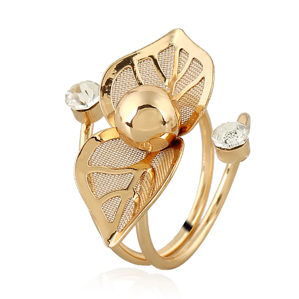 2018 золото Цвет жемчужные бусы Кристалл Rhinestone листьев Регулируемая цветок кольца