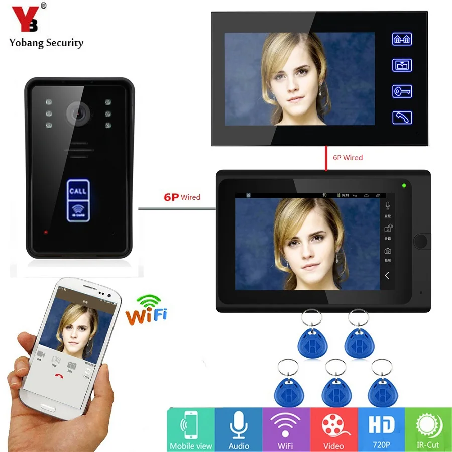 Yobang безопасность RFID видео домофон система Wi Fi 7 дюймов монитор беспроводное