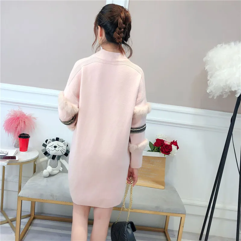 Mid-length Pullover Sweater Women's 2020 Autumn Winter Pearl Loose Dress Rabbit Fur Long-sleeved | Женская одежда