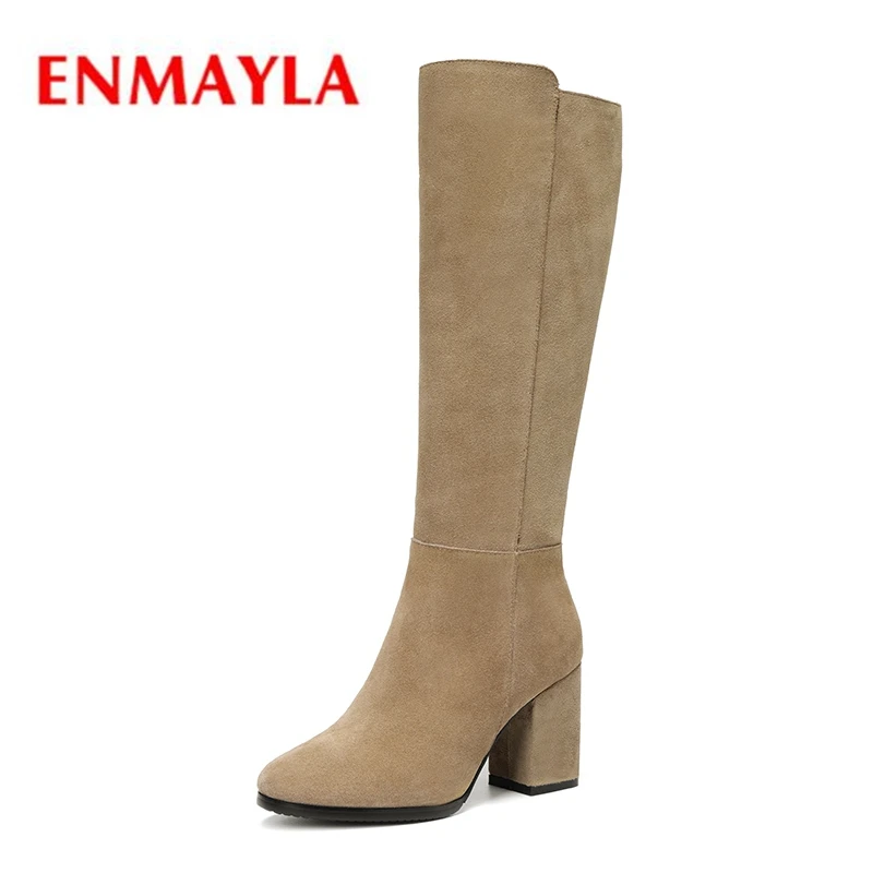 

ENMAYLA Square Toe Zip Knee-High Cow Suede Square Heel Women Boots Winter Boots Women Size 34-42 ZYL1934
