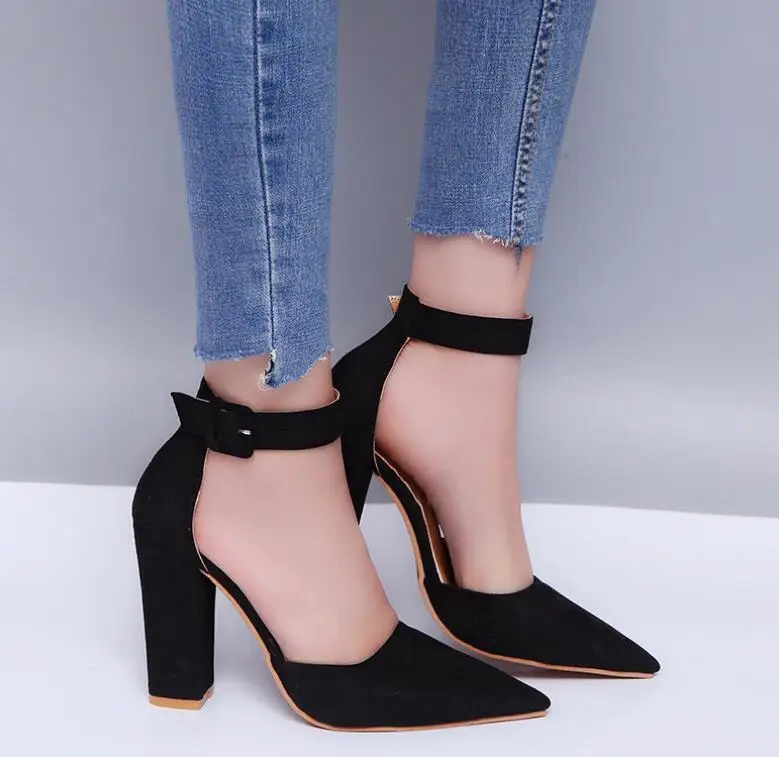 

Fashion Buckle Strap High Heels Sandals Women Pointed Toe Concise Dress Sandals Classic Square Heels Women Pumps Wedding Shoes