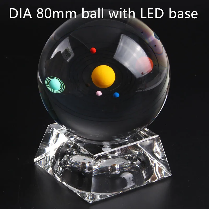 80mm withl LED base Светится в темноте 3D солнечная система планеты светящиеся миниатюрные солнечные системы модель хрустальный шар лазерная гравировка планеты шар для декора - Цвет: 80mm withl LED base