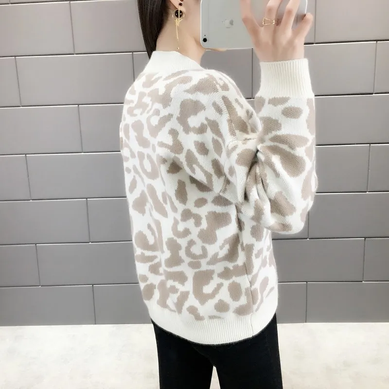 Женский леопардовый кардиган с длинным рукавом свободный трикотажный большого