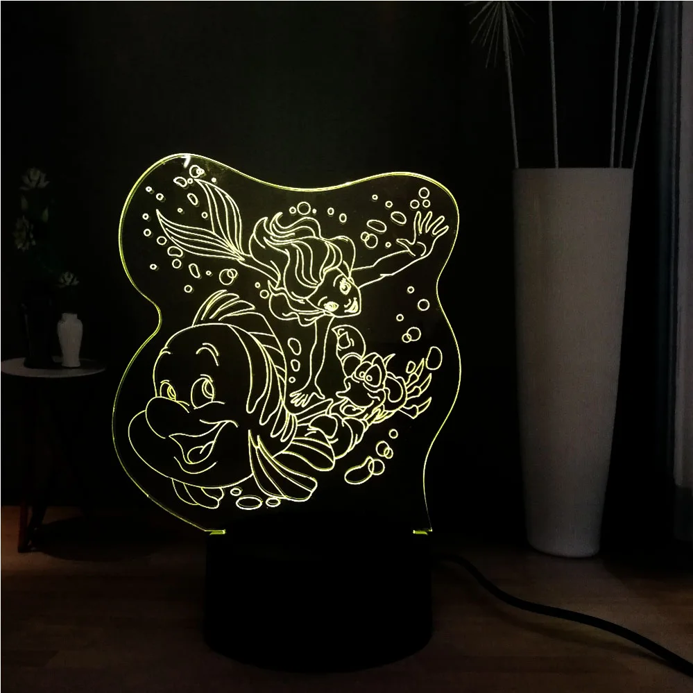 Новый 3D иллюзия мультфильм лампа Русалочка 7 цветов Изменение USB пульт