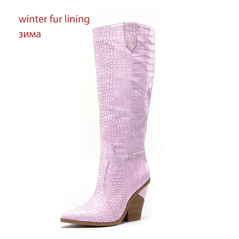 WETKISS Plus Size 46 Knee High Western Boots Women Cowboy Boot Female Pointed Toe Sexy Shoes 11 Colors High Heels Shoes Winter - Цвет: pink thick fur