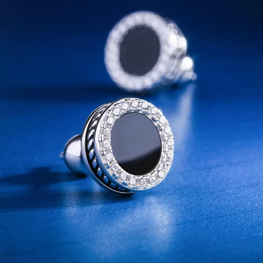 White Gold Stud Earring for Men Black Onyx Inlaid Round Earring Hip Hop Jewelry Punk Earrings
