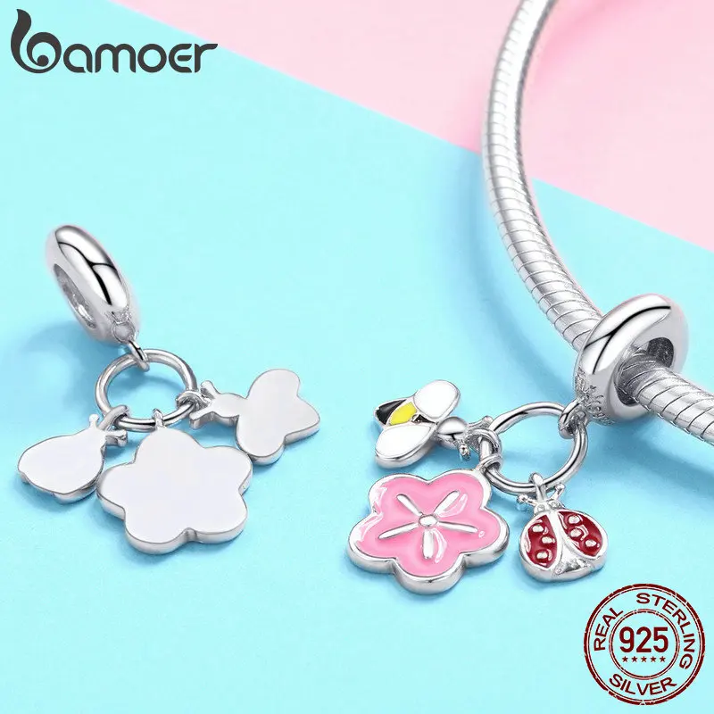 BAMOER, Новое поступление, 925 пробы, серебро, дружба, цветок, Пчела и божья коровка, подвеска, подвески, подходят для женщин, браслеты, сделай сам, ювелирное изделие SCC892