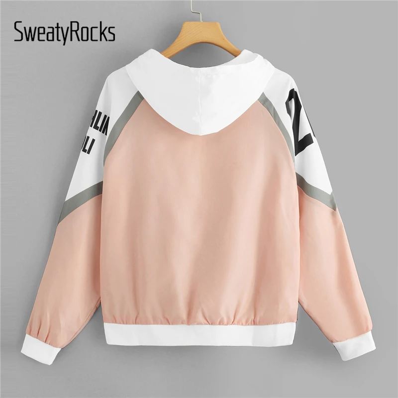 SweatyRocks осенняя куртка Для женщин Письмо печати пальто с капюшоном модные куртки розовая ветровка одежда дамы спортивных верхняя одежда