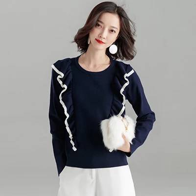 Royal blue Трикотажные пуловеры, Женский Топ, новинка, осенний свитер с круглым вырезом и длинным рукавом, свитер с рюшами, женский джемпер, вязанный женский свитер - Цвет: Royal blue