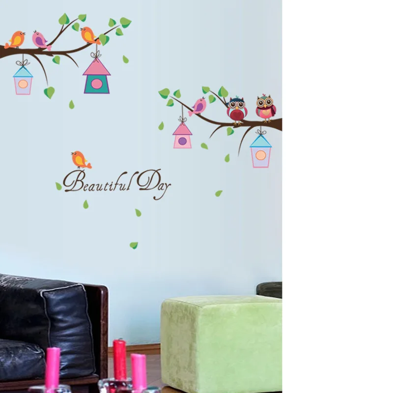 Мультфильм DIY животные сова дерево наклейки на стену дом птиц Branchs винил для детей