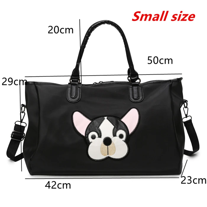 Fashion Casual PU Leather Travel Bags Black Couple Cartoon Dog Embroidery Overnight Weekend Bag Short Trip GYM Big Hand Luggage - Цвет: black small