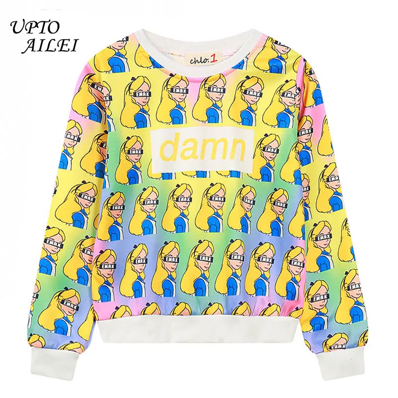 Harajuk Cute Hoodie Short Feminino Damn Girls Print Crop Top Yellow Sweatshirt Women Street Style Kpop Dance Clothing Hoodies | Женская