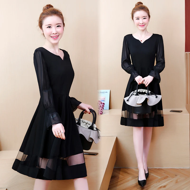 Женское шифоновое платье с кружевом черное большого размера