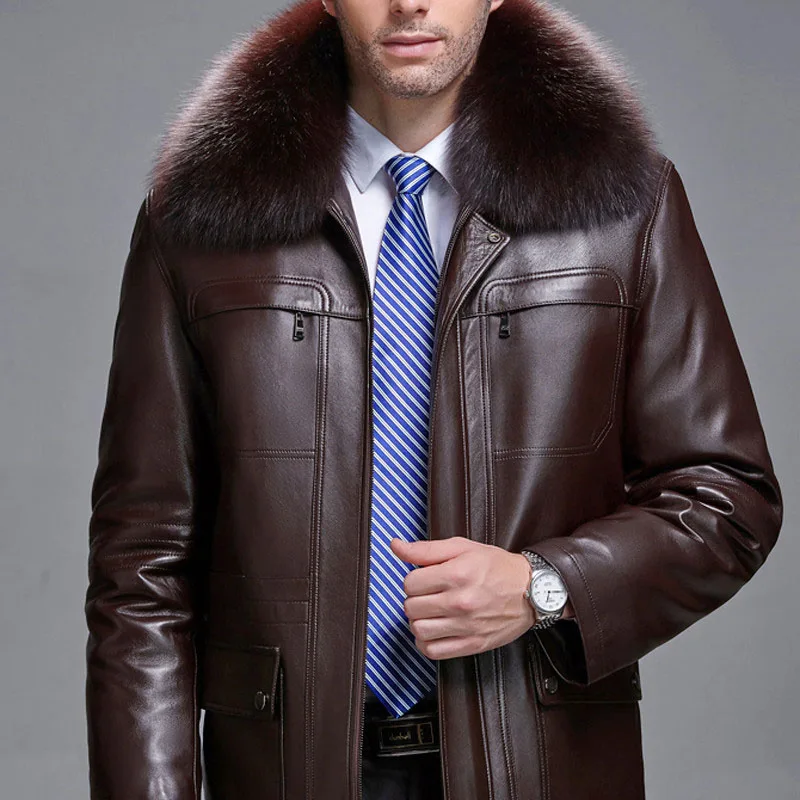 Мужская куртка из искусственной кожи с воротником натурального Лисьего меха