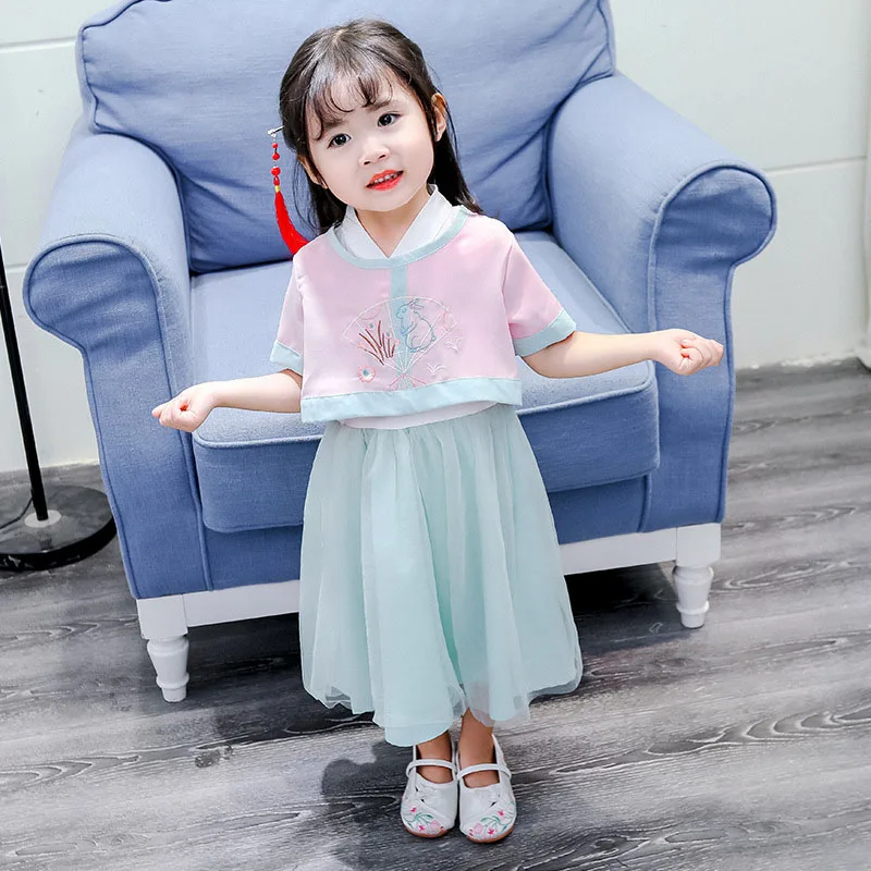 Бежевый Для девочек Hanfu платье принцессы древнекитайский костюм дети народная Одежда для танцев, сценический костюм Tang платье династии DQS1930 - Цвет: Бежевый