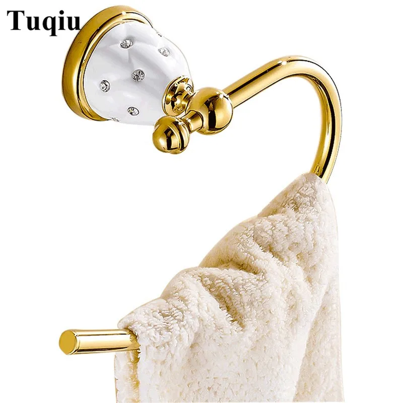 Фото Кольца для полотенец Твердый латунный золотой держатель полка ванной вешалки