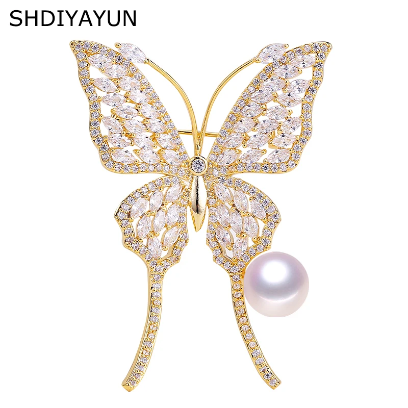 

SHDIYAYUN 2019 Pearl Brooch For Women Guality Butterfly Zircon Brooches Pins Natural Freshwater Pearl Fine Jewelry Corsage G