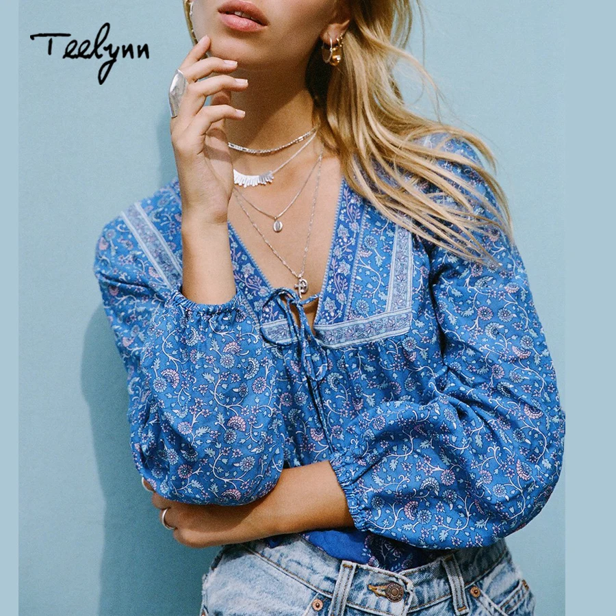 TEELYNN Бохо блузка осень 2020 красный цветочный принт блузки сексуальный V-образный